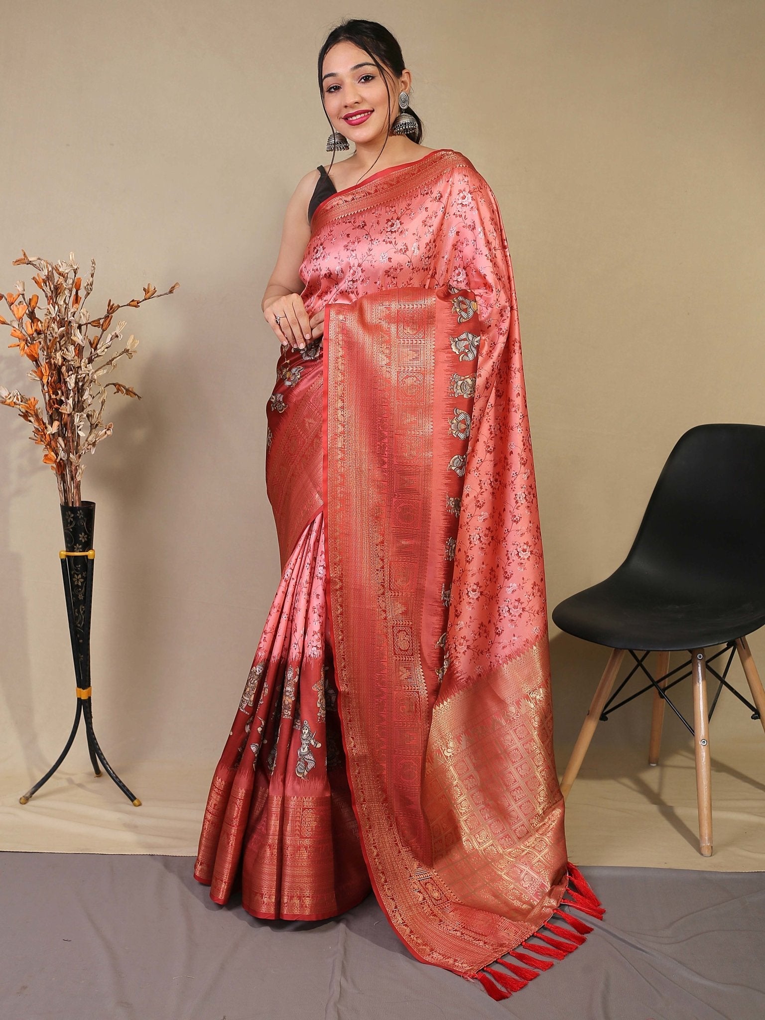 Gala Floral Kalamkari Printed Woven Saree Rose Pink Clothsvilla