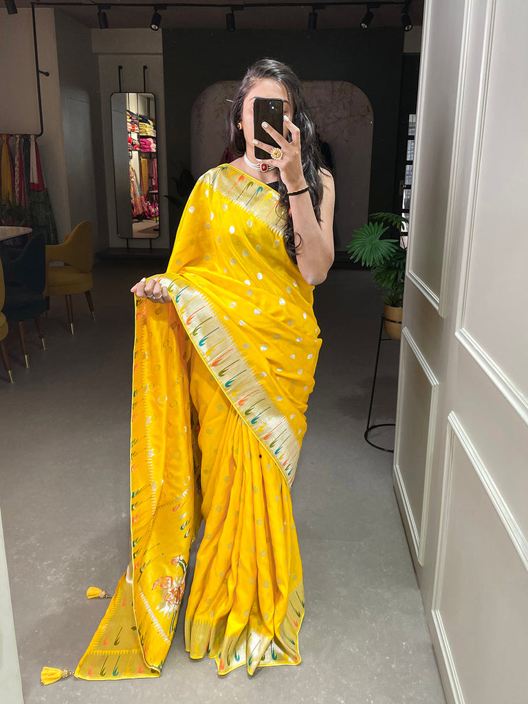 Yellow Color Zari Weaving Work Pure Viscose Saree Clothsvilla