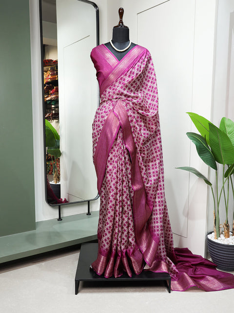 Purple Color Printed With Zari Border Dola Silk Saree Clothsvilla Main image