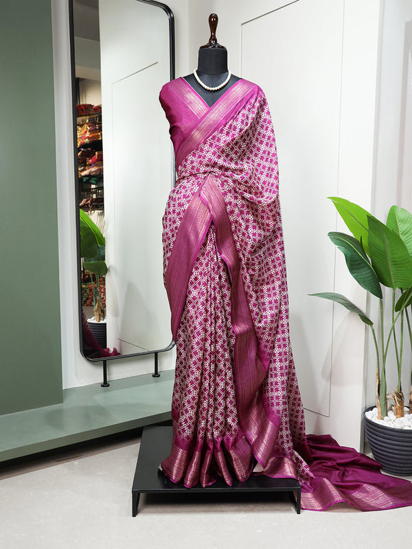 Purple Color Printed With Zari Border Dola Silk Saree Clothsvilla
