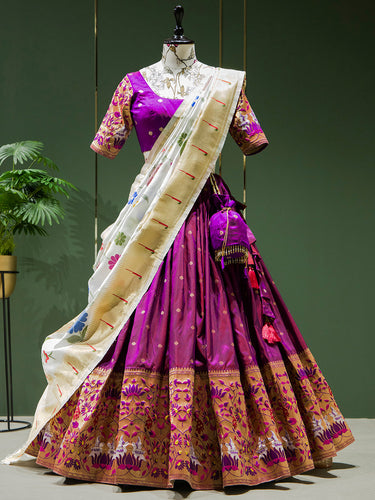 Handwoven Purple Banarasi Lehenga with Red Border – WeaverStory