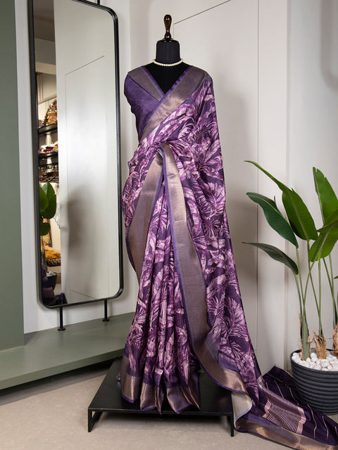 Purple Color Printed With Zari Border Dola Silk Saree Clothsvilla Main image