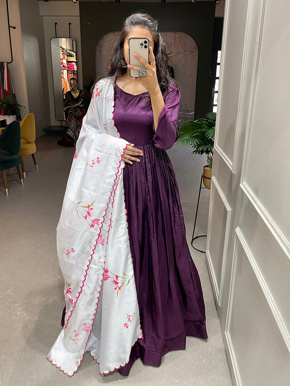 Purple Color Plain Dola Silk Gown Clothsvilla