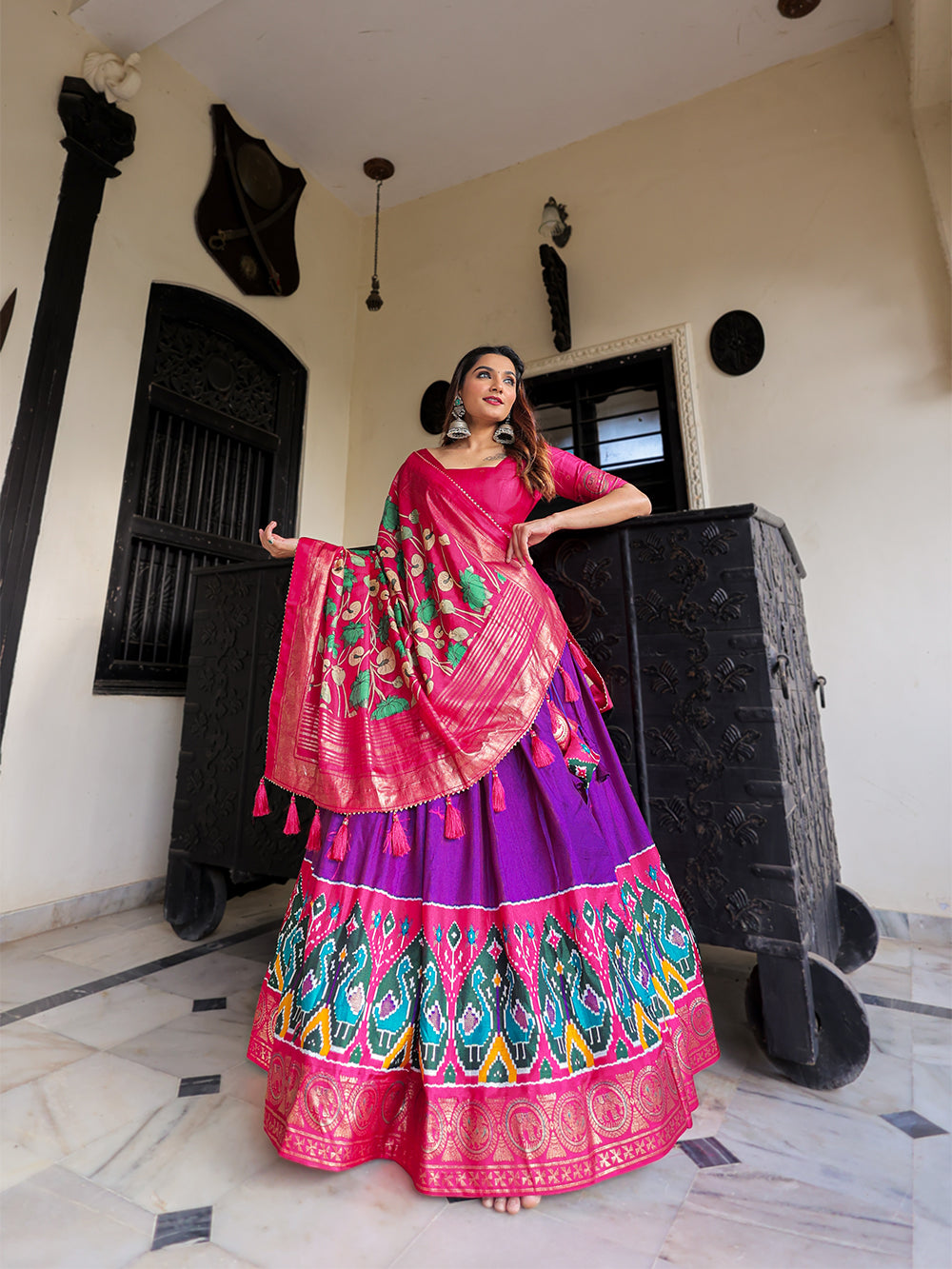 Purple Color Printed With Foil Work Dola Silk Lehenga Choli ClothsVilla.com
