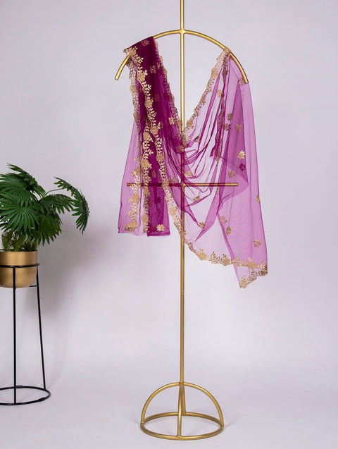 Purple Color Embroidery Cut Work and Stone Work Net Dupatta Clothsvilla Main image