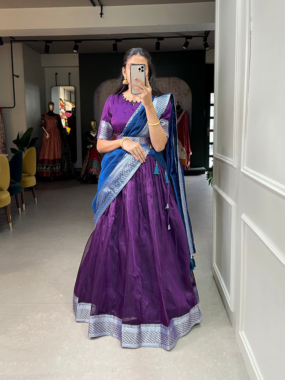 Purple Color Plain And Silver Viscose Chanderi Dupion Silk Semi Stich Half Saree Lehenga Choli ClothsVilla.com