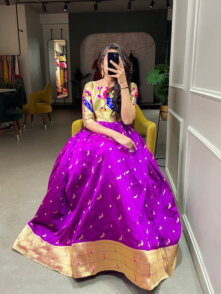 Purple Color Weaving Zari Work Jacquard Silk Paithani Gown Clothsvilla