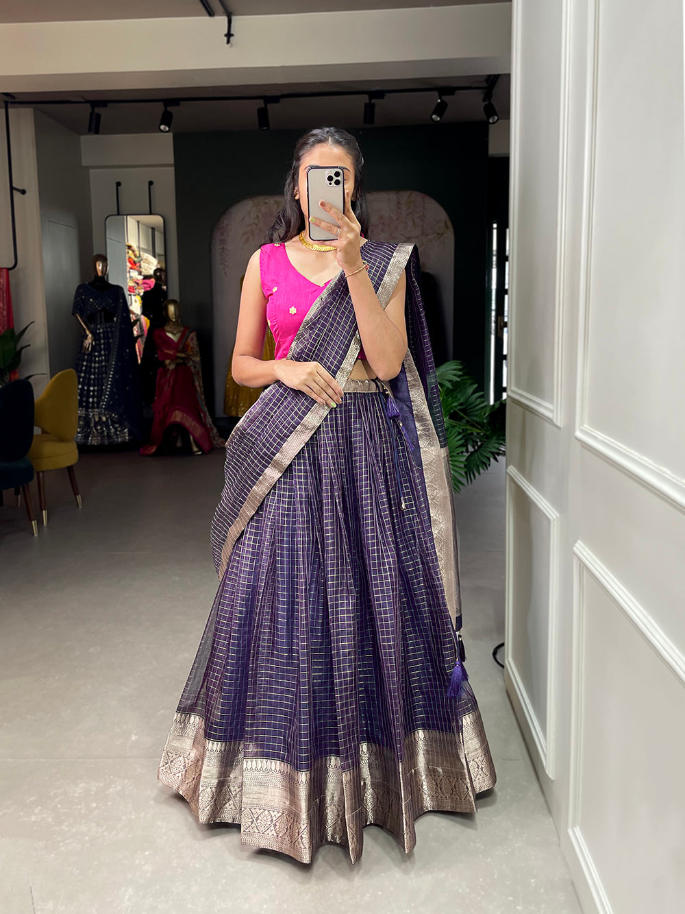 Wine Color Zari Weaving Work Organza Lehenga Choli ClothsVilla.com