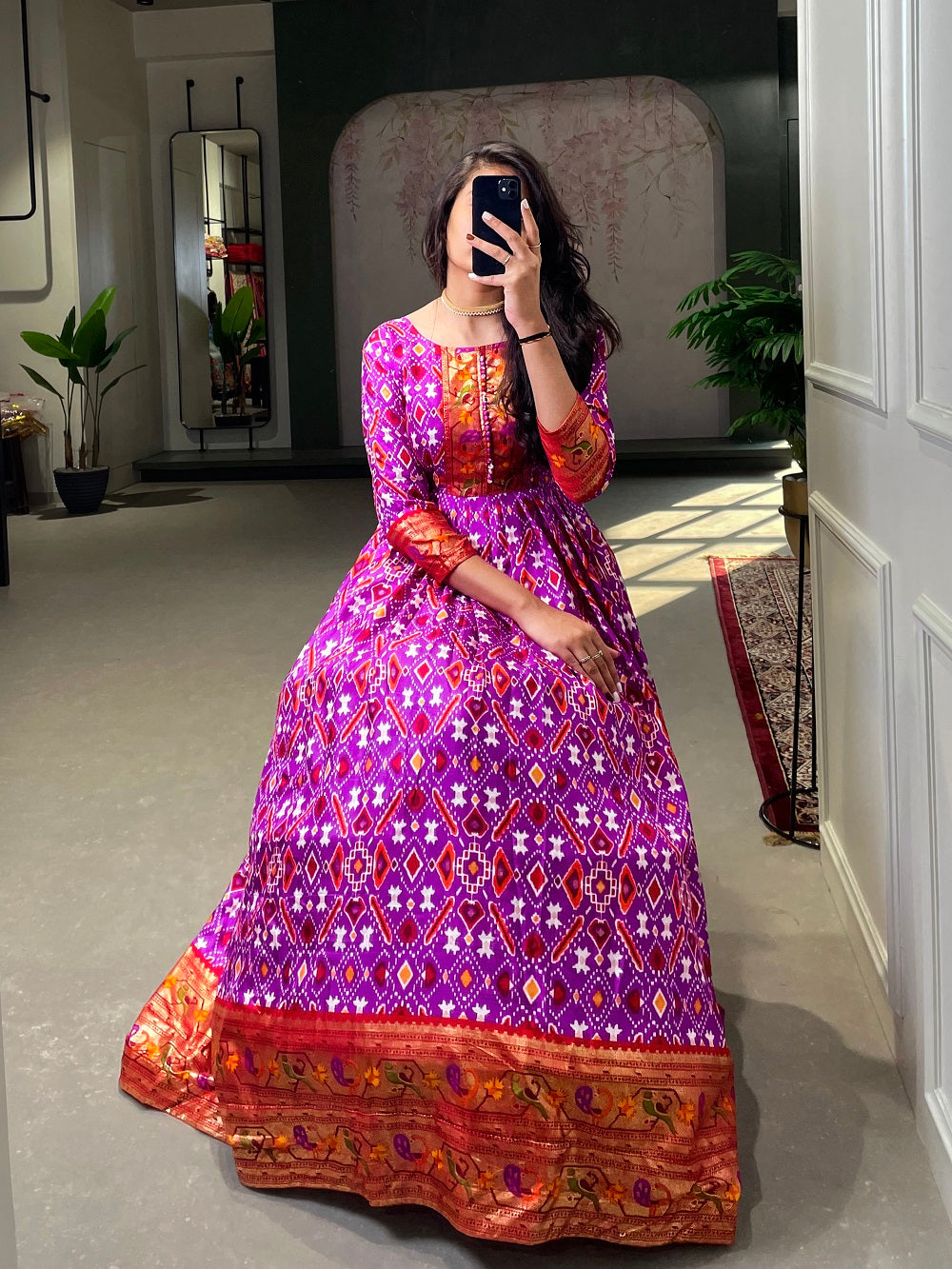 Purple Color Patola Printed And Foil Printed Silk Gown Clothsvilla
