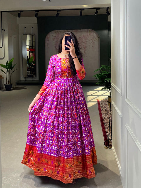 Purple Color Patola Printed And Foil Printed Silk Gown Clothsvilla Main image