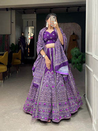 Purple Color Bandhej  Printed With Gota Patti Vaishali Silk Lehenga Choli ClothsVilla.com