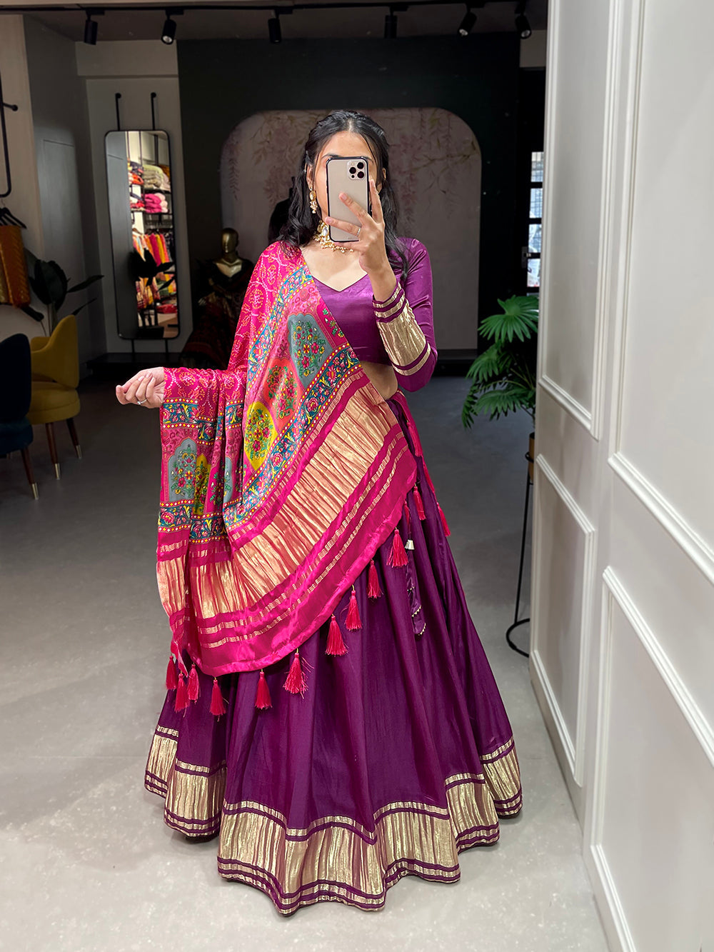 Purple Color Dyeing With Lagdi Patta Gaji Silk Lehenga Choli ClothsVilla.com