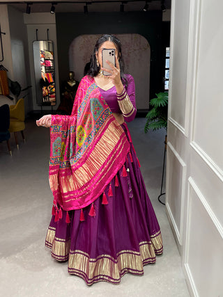 Purple Color Dyeing With Lagdi Patta Gaji Silk Lehenga Choli ClothsVilla.com