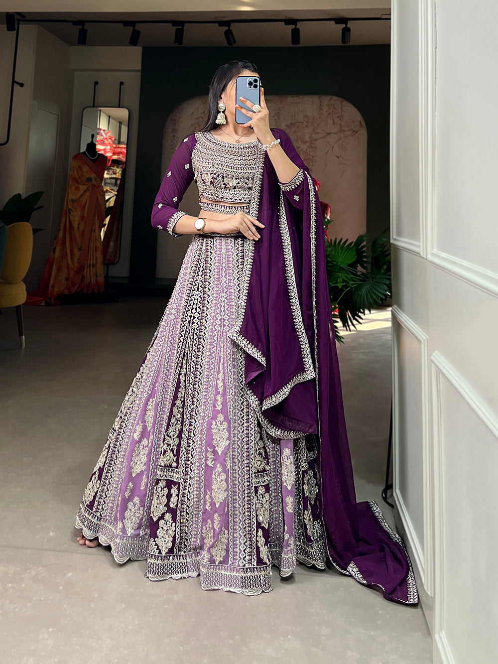 Purple Color Thread Embroidery And Jharkhand Dimound Work Georgette Lehenga Choli Clothsvilla Main image