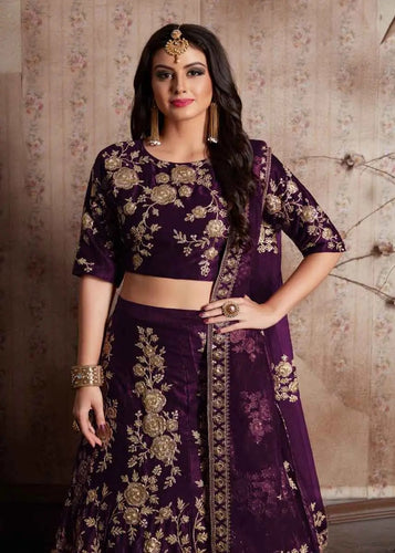 Purple Color Velvet Silk Embroidered Bridal Lehenga New Clothsvilla