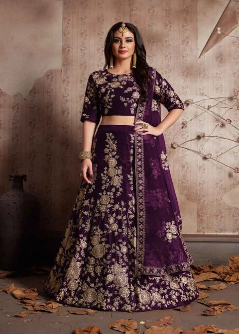 Purple Color Velvet Silk Embroidered Bridal Lehenga New Clothsvilla Main image