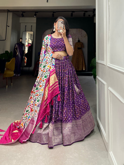 Purple Color Printed With Zari Weaving Work Viscose Dola Silk Lehenga Choli Clothsvilla Main image