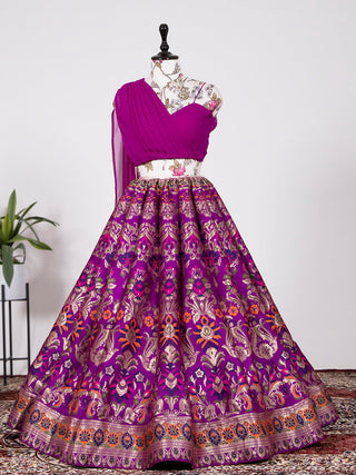 Purple Color Weaving Zari Work Banarasi Silk Co-ord Set Lehenga With Georgette Choli Clothsvilla