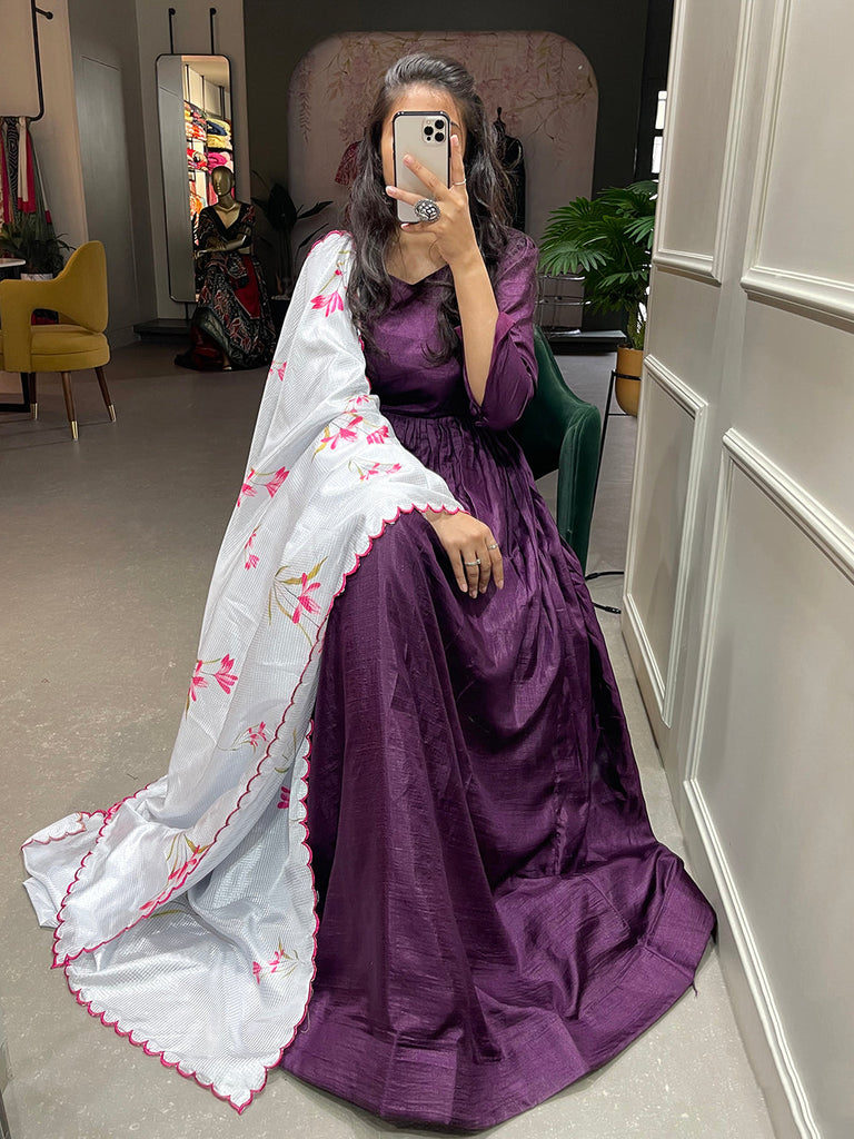 Purple Color Plain Dola Silk Gown Clothsvilla