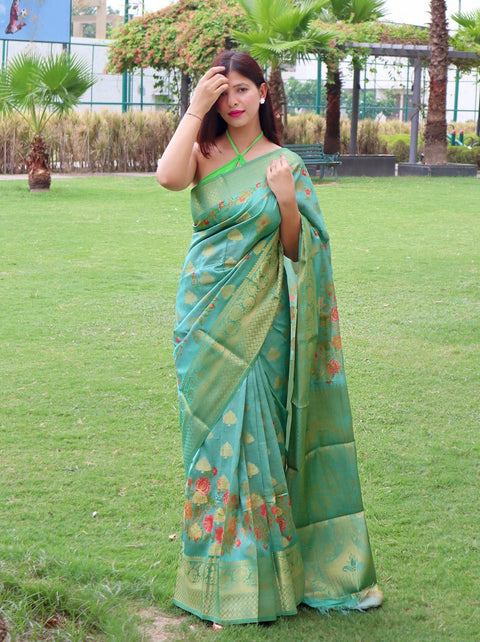 Radha Banarasi Silk Woven Saree with Floral Prints Cyan Blue Clothsvilla Main image