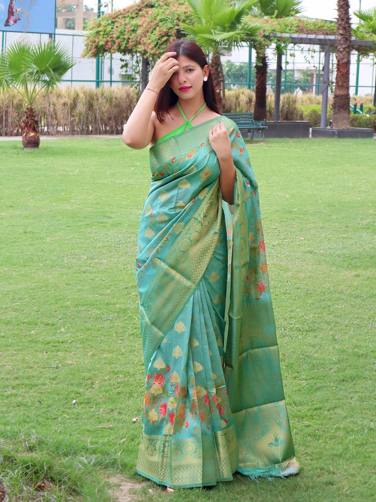 Radha Banarasi Silk Woven Saree with Floral Prints Cyan Blue Clothsvilla