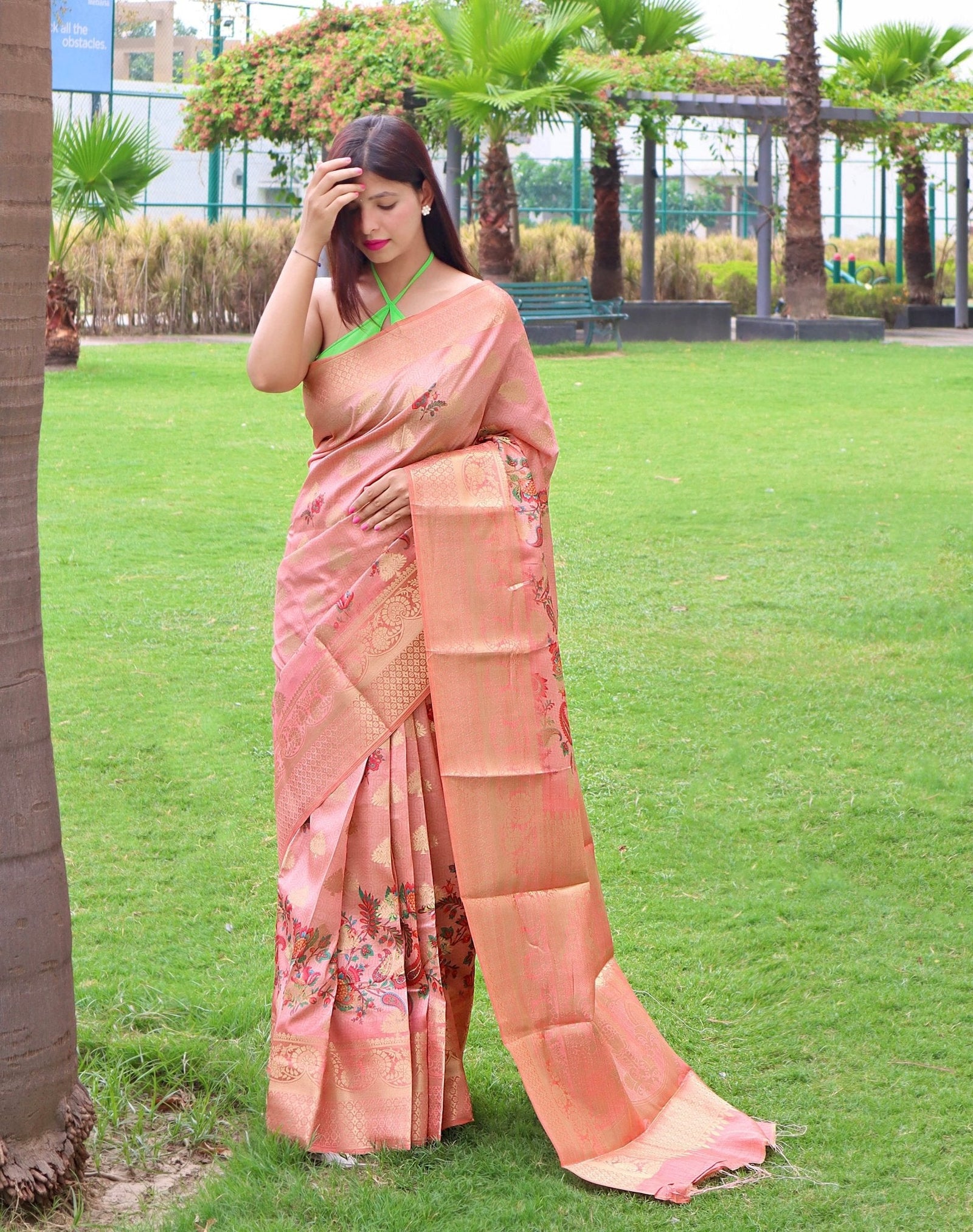 Radha Banarasi Silk Woven Saree with Floral Prints Daisy Pink Clothsvilla
