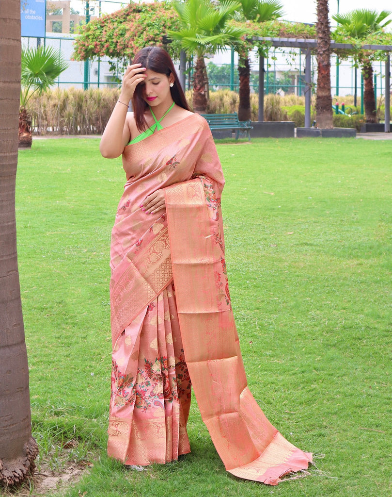 Radha Banarasi Silk Woven Saree with Floral Prints Daisy Pink Clothsvilla