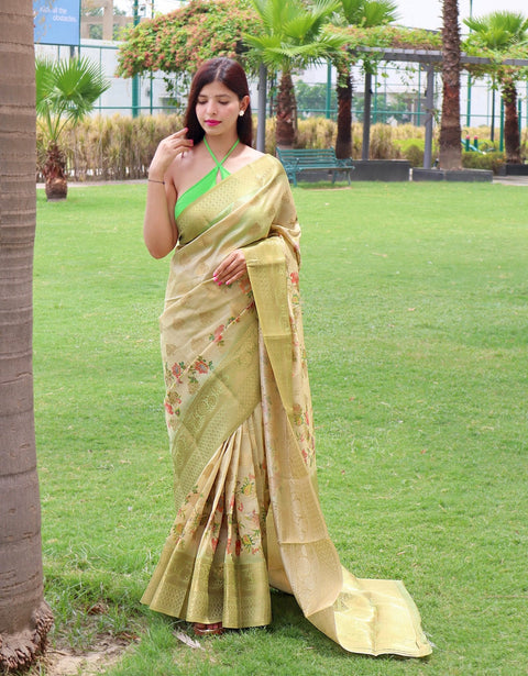 Radha Banarasi Silk Woven Saree with Floral Prints Greenish Beige Clothsvilla Main image