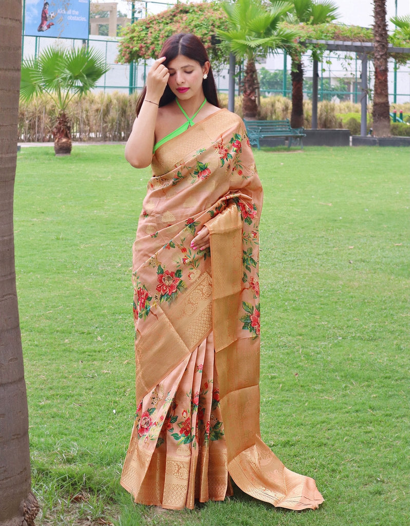 Radha Banarasi Silk Woven Saree with Floral Prints Peach Clothsvilla