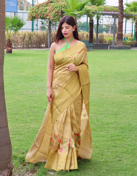 Radha Banarasi Silk Woven Saree with Floral Prints Yellow Clothsvilla Main image