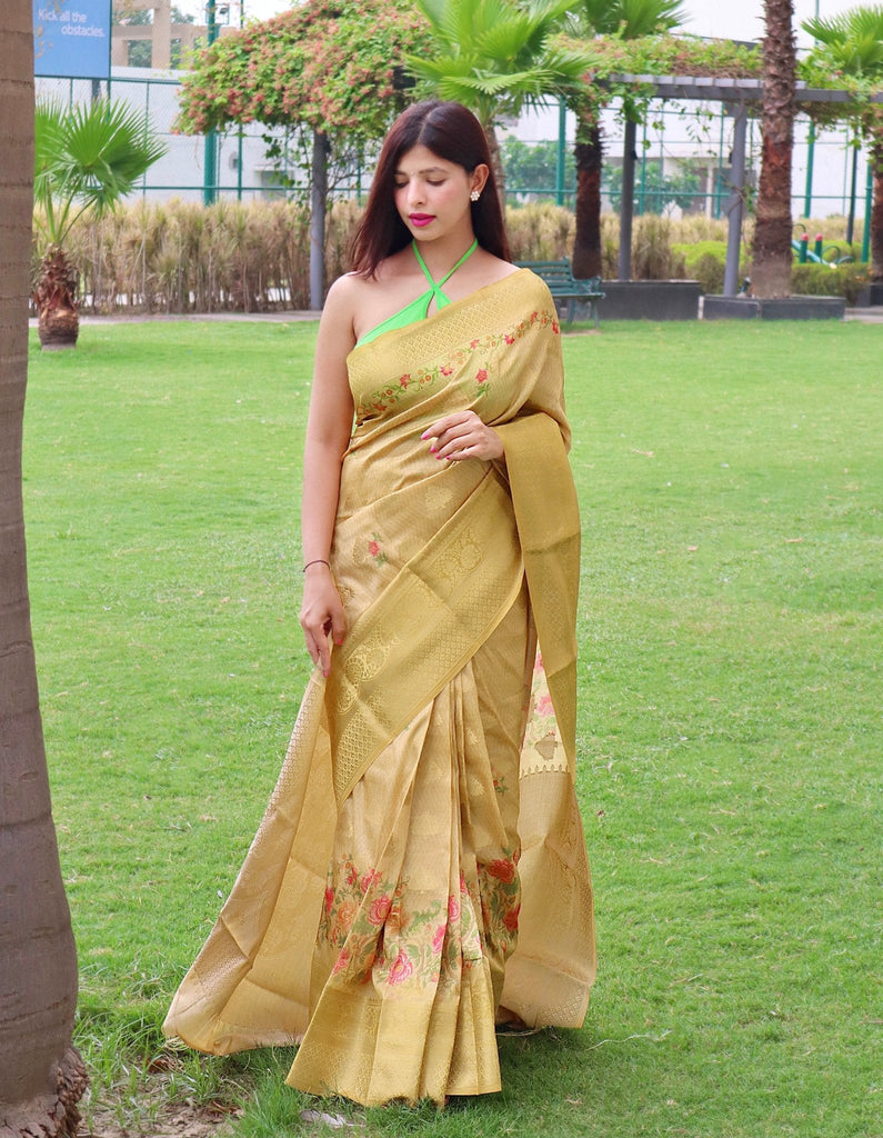 Radha Banarasi Silk Woven Saree with Floral Prints Yellow Clothsvilla