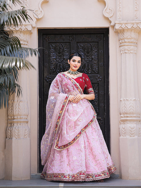 Light Pink Color Thread Embroidery Work With Lace Border Organza Lehenga Choli ClothsVilla.com Main image