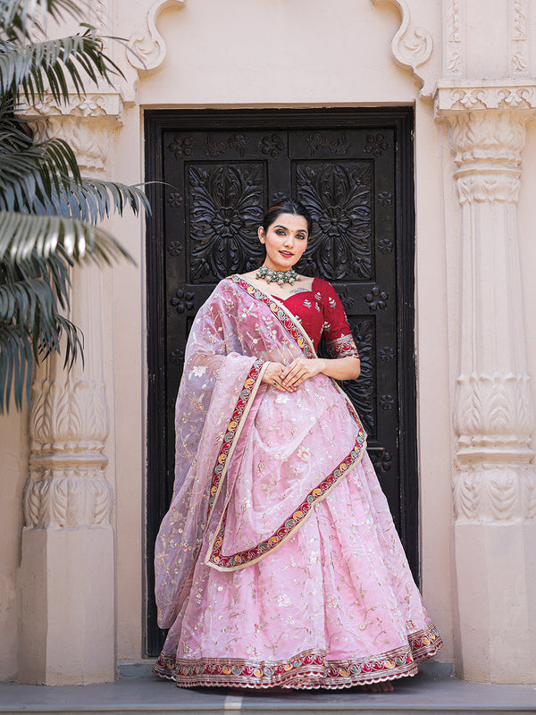 Light Pink Color Thread Embroidery Work With Lace Border Organza Lehenga Choli ClothsVilla.com