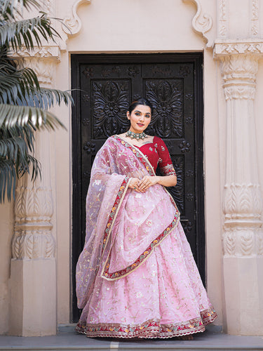 Light Pink Color Thread Embroidery Work With Lace Border Organza Lehenga Choli ClothsVilla.com