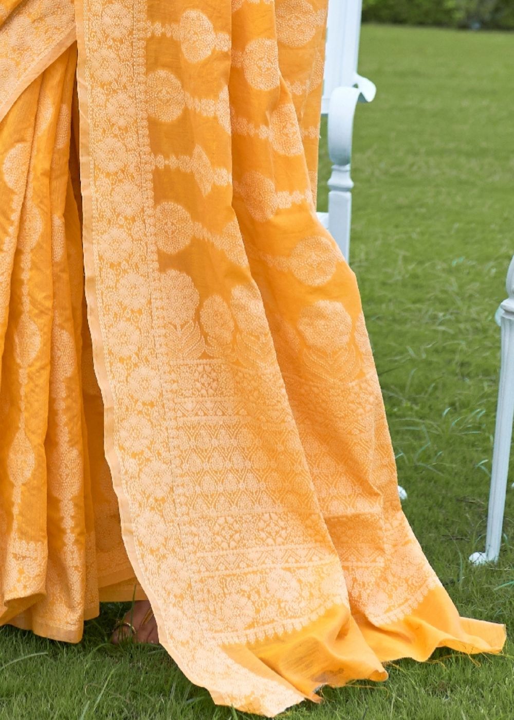 Amber Yellow Lucknowi Chikankari Weaving Silk Saree Clothsvilla