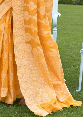 Amber Yellow Lucknowi Chikankari Weaving Silk Saree Clothsvilla