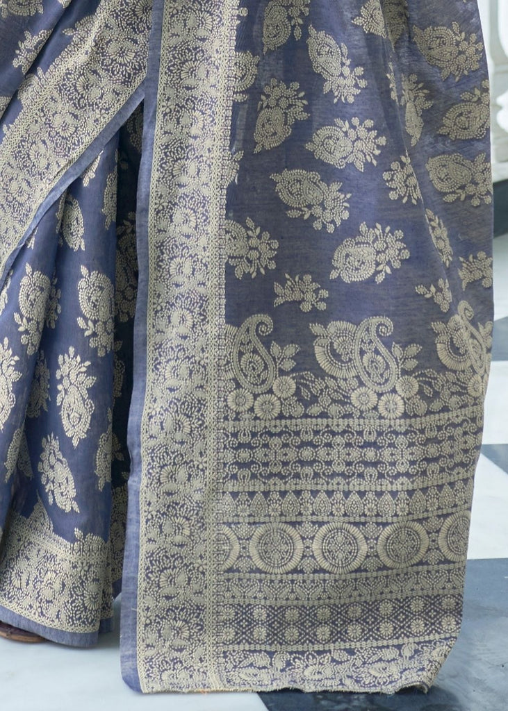 Ocean Blue Lucknowi Chikankari Weaving Silk Saree Clothsvilla