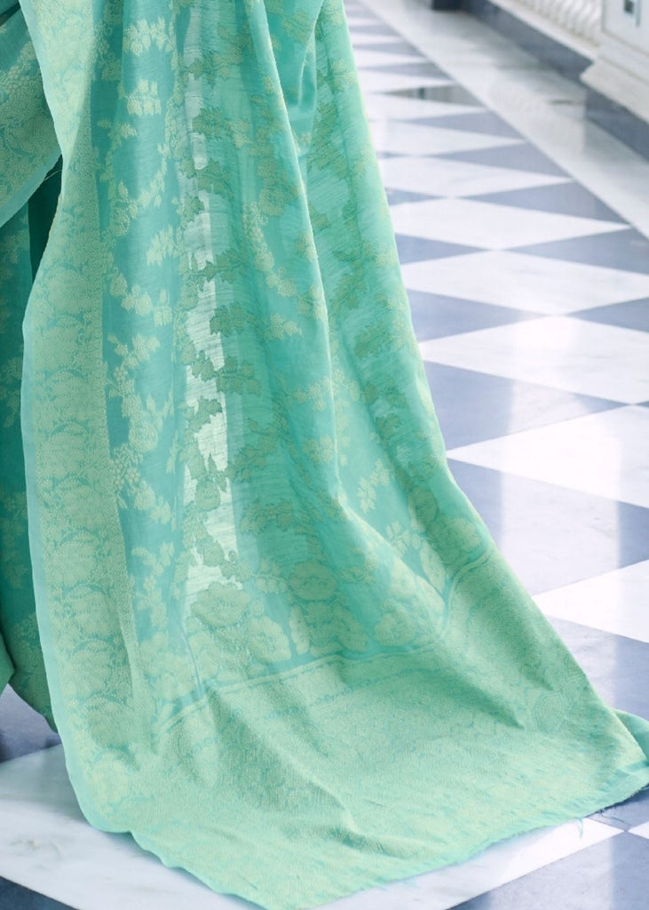 Caribbean Green Lucknowi Chikankari Weaving Silk Saree Clothsvilla