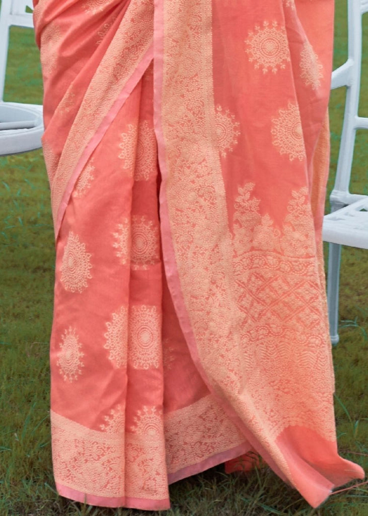 Salmon Orange Lucknowi Chikankari Weaving Silk Saree Clothsvilla