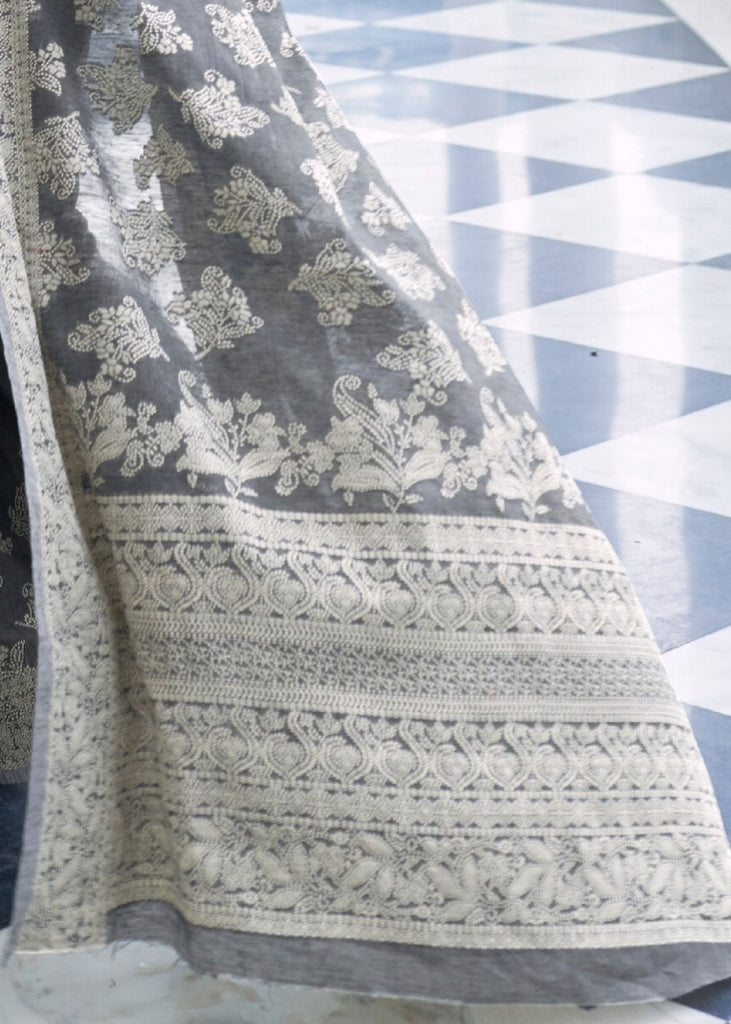 Silver Grey Lucknowi Chikankari Weaving Silk Saree Clothsvilla