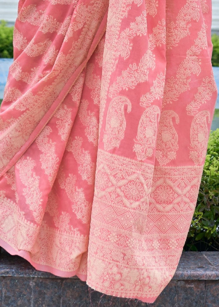 Taffy Pink Lucknowi Chikankari Weaving Silk Saree Clothsvilla
