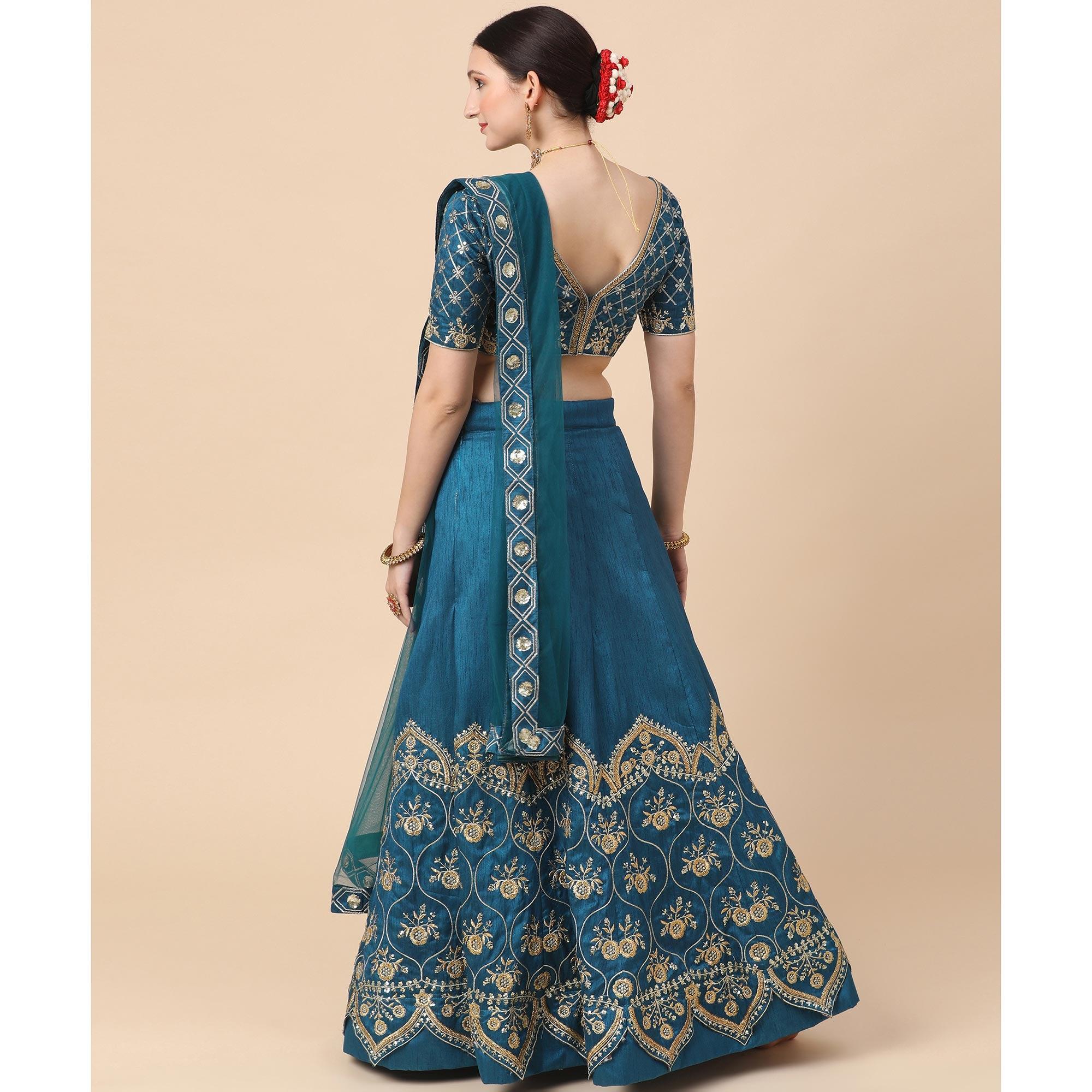 Rama Blue Party Wear Sequins Embroidered Satin Lehenga Choli Clothsvilla