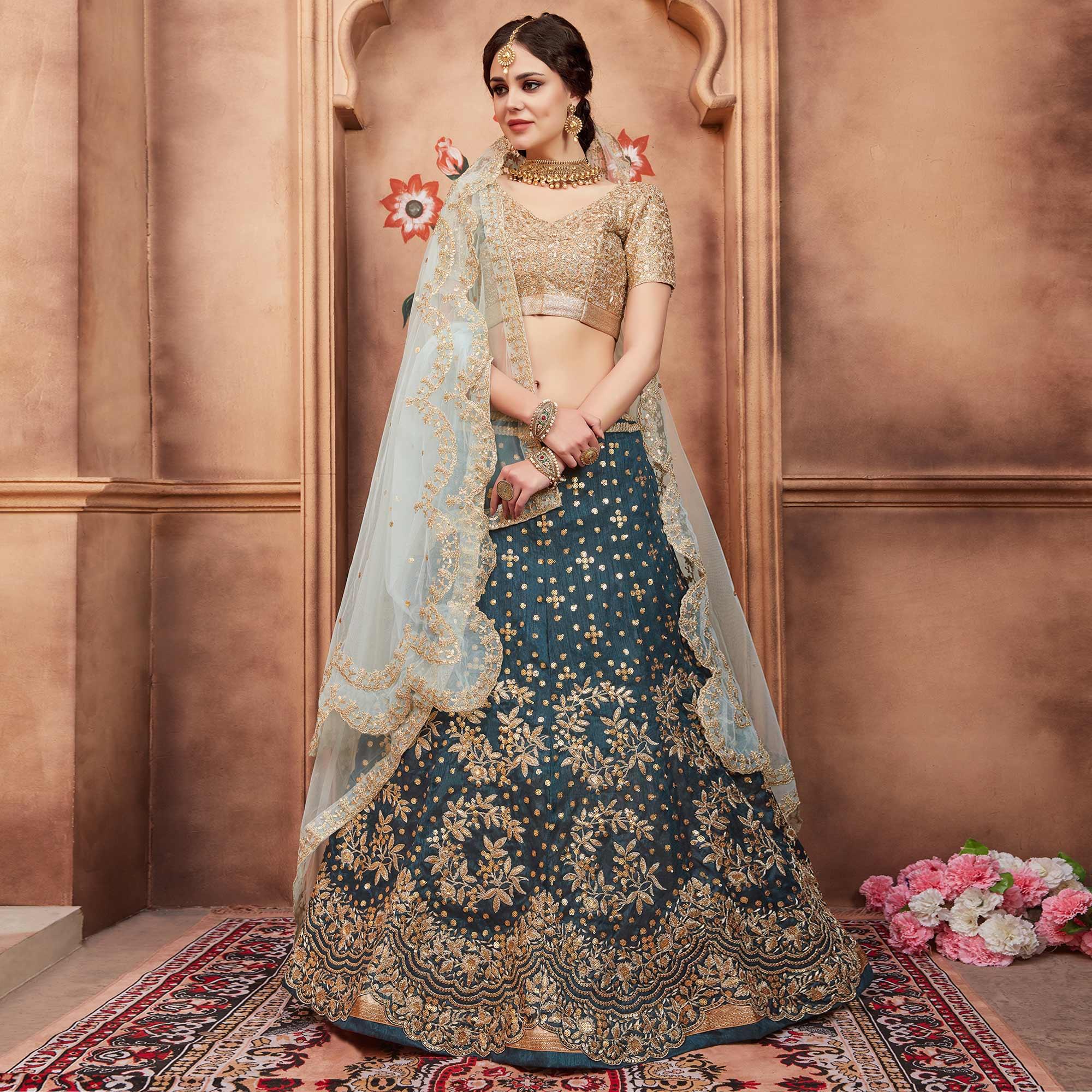 Rama Green Festive Wear Sequins Dori Cut Work Art Silk Lehenga Choli Clothsvilla
