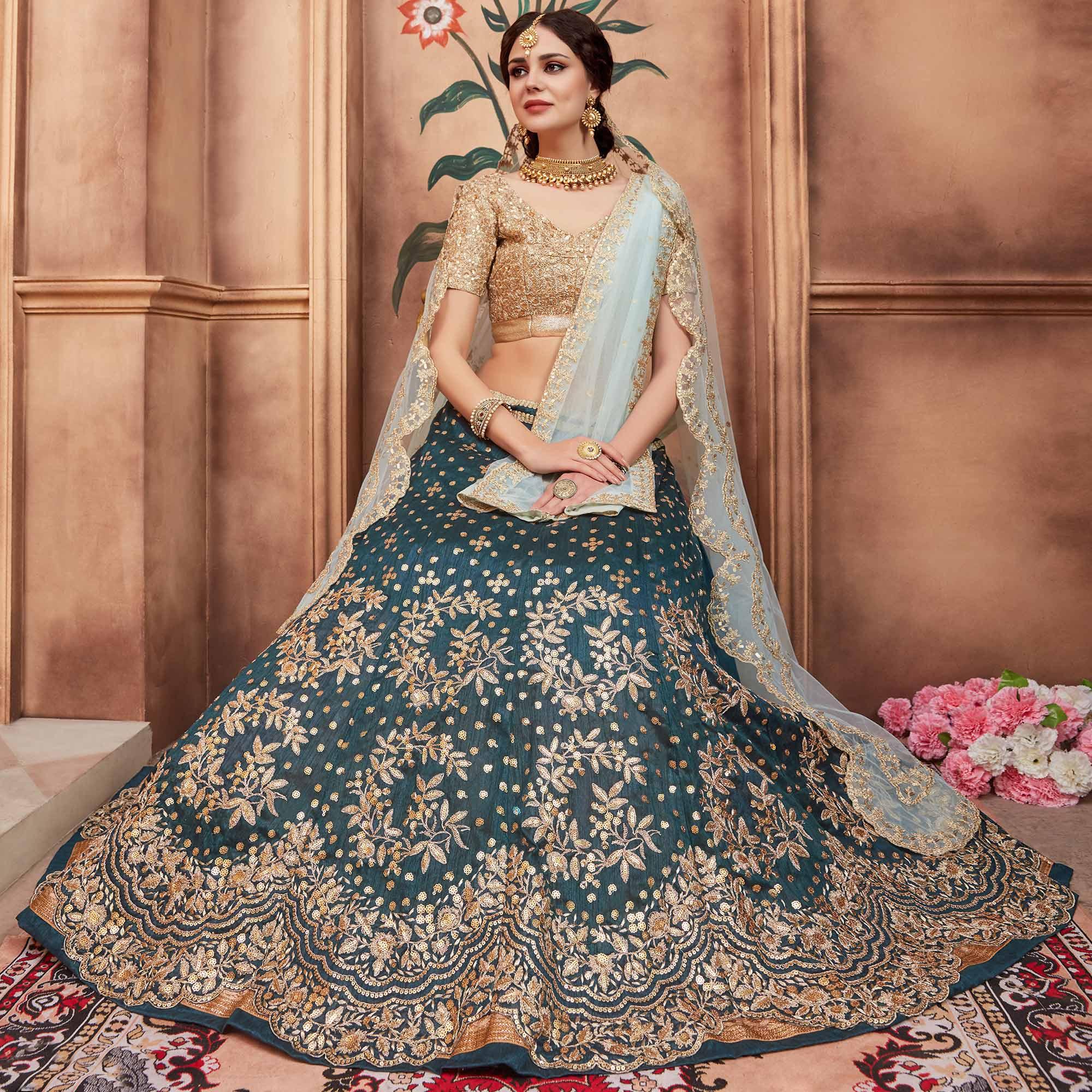 Rama Green Festive Wear Sequins Dori Cut Work Art Silk Lehenga Choli Clothsvilla