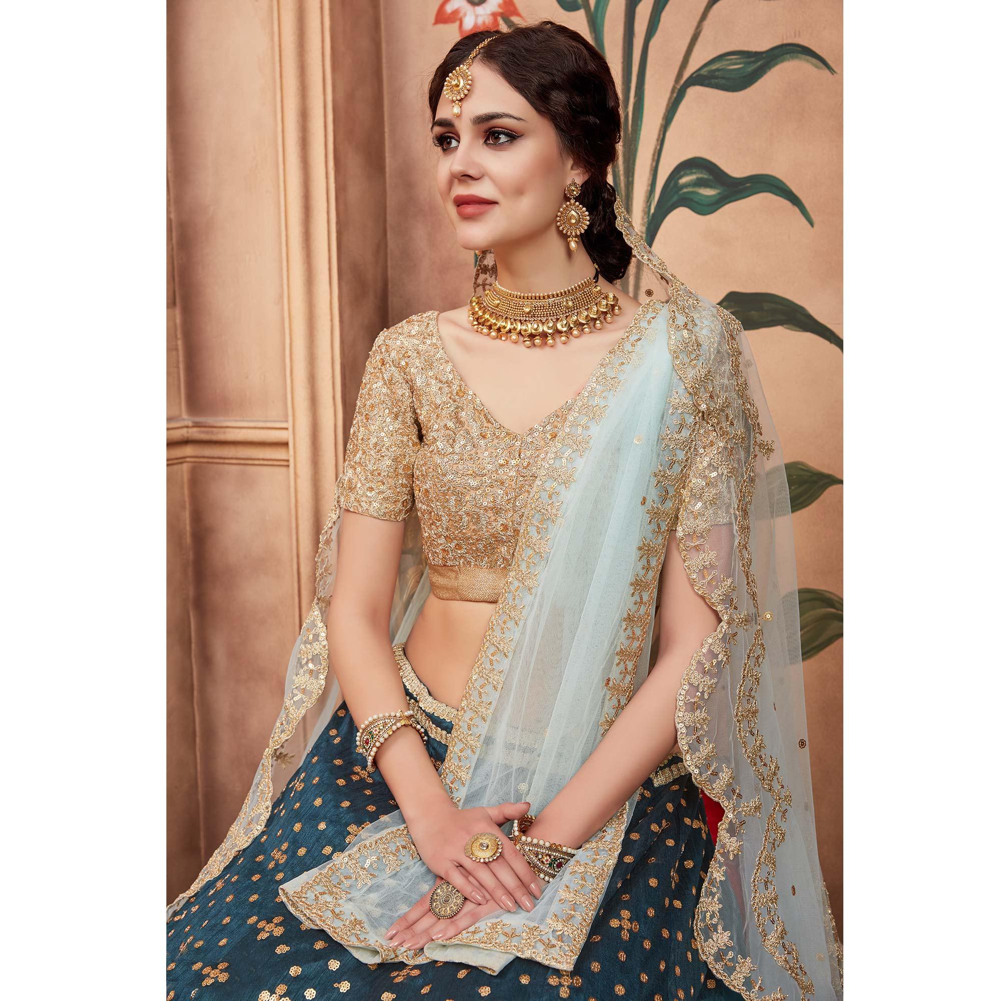 Rama Green Festive Wear Sequins Dori Cut Work Art Silk Lehenga Choli Clothsvilla