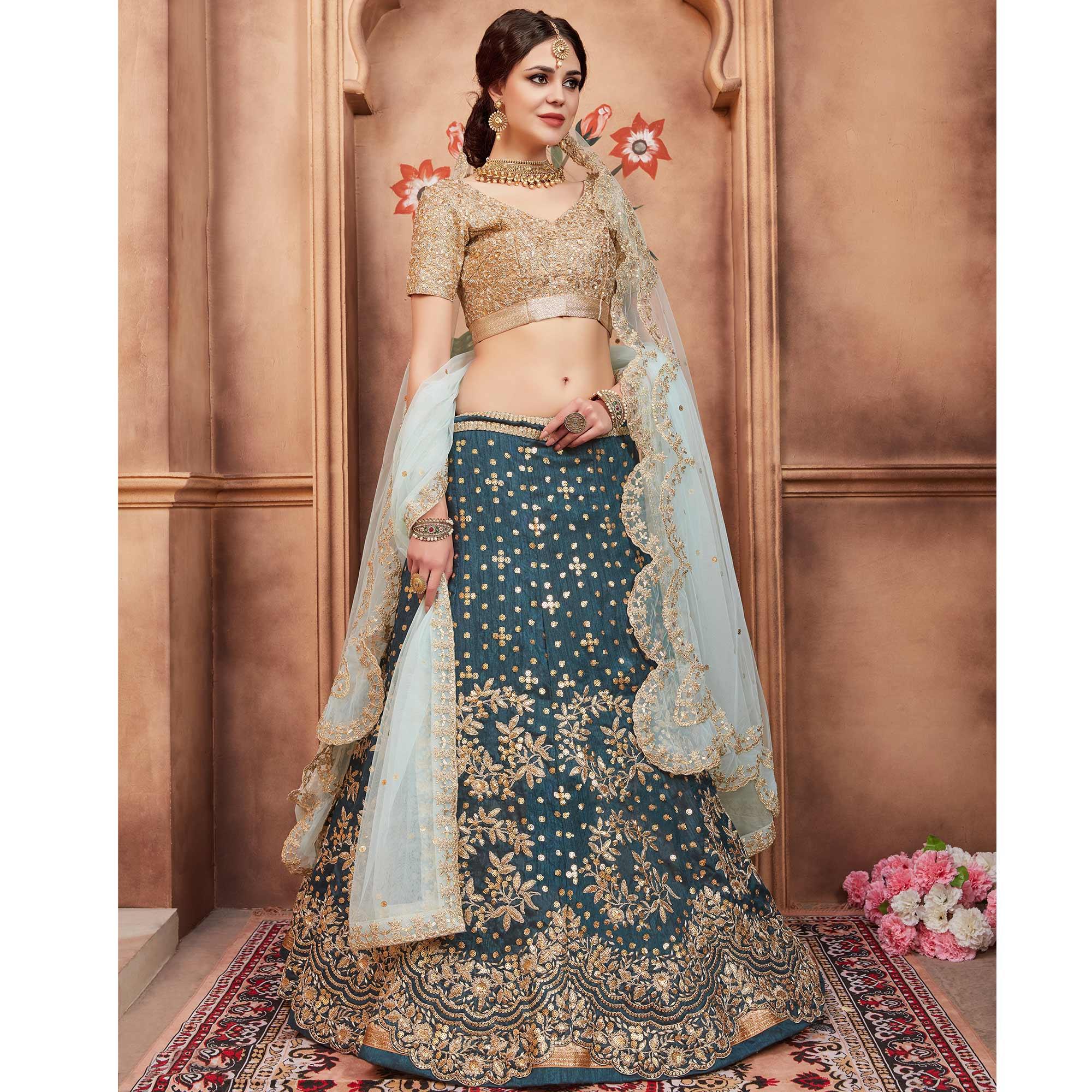 Rama Green Festive Wear Sequins Dori Cut Work Art Silk Lehenga Choli Clothsvilla
