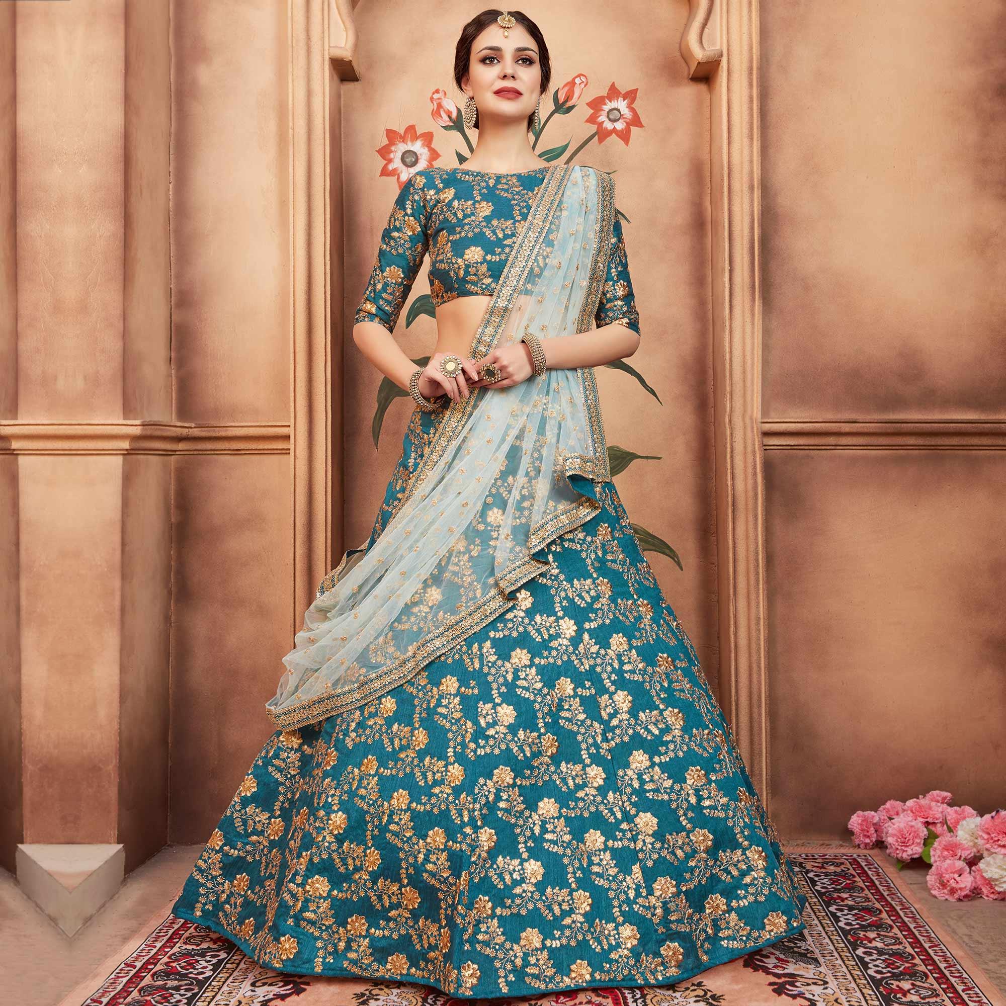 Rama Green Festive Wear Sequins Zari Work Art Silk Lehenga Choli Clothsvilla