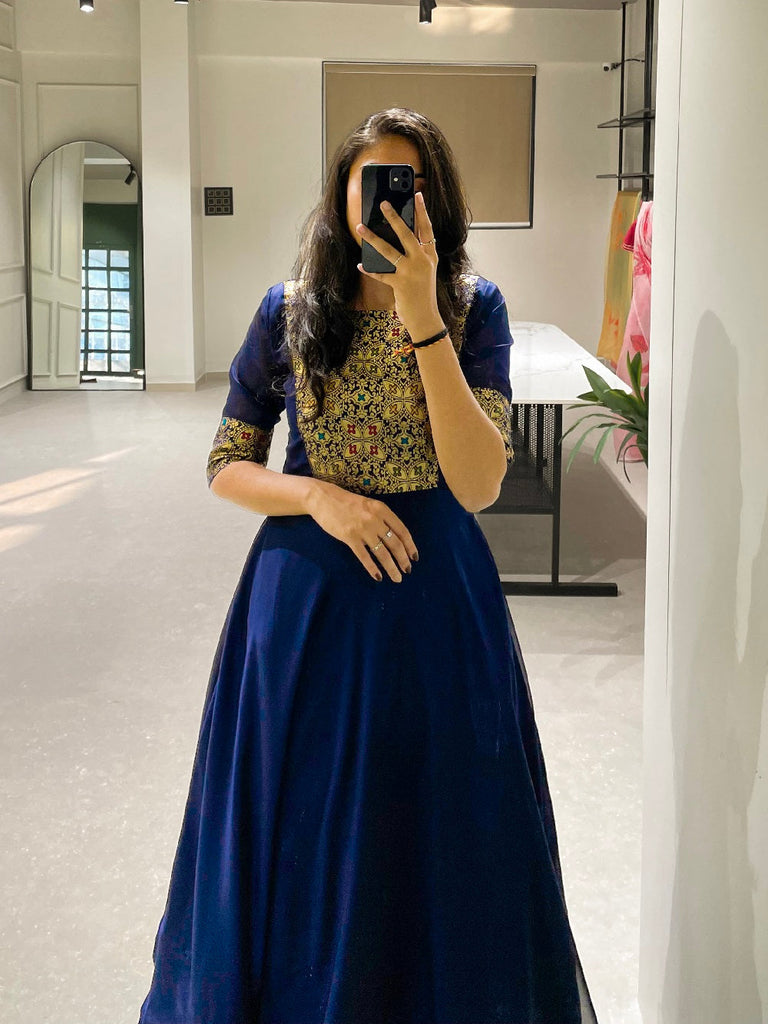 Navy Blue Color Weaving Zari Work rangoli Silk Gown Dress Clothsvilla