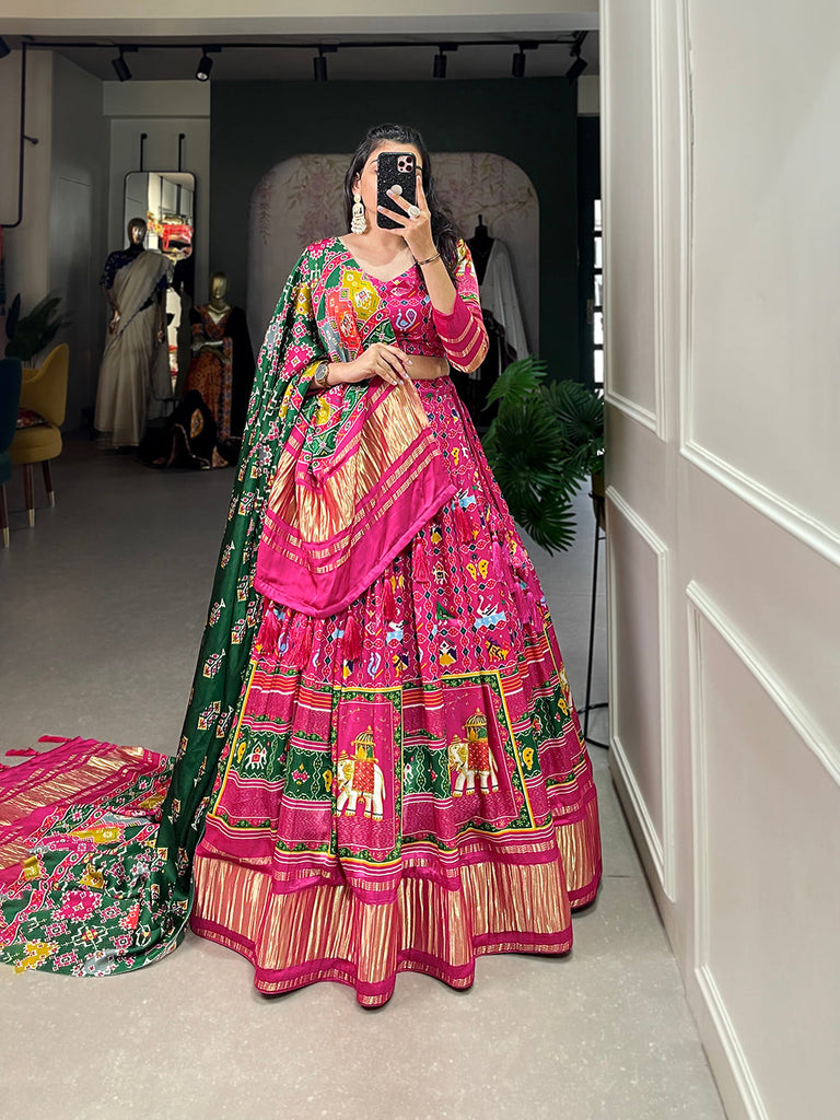 Rani Pink Color Digital Printed With Lagadi Patta Gaji Silk Lehenga Choli Clothsvilla