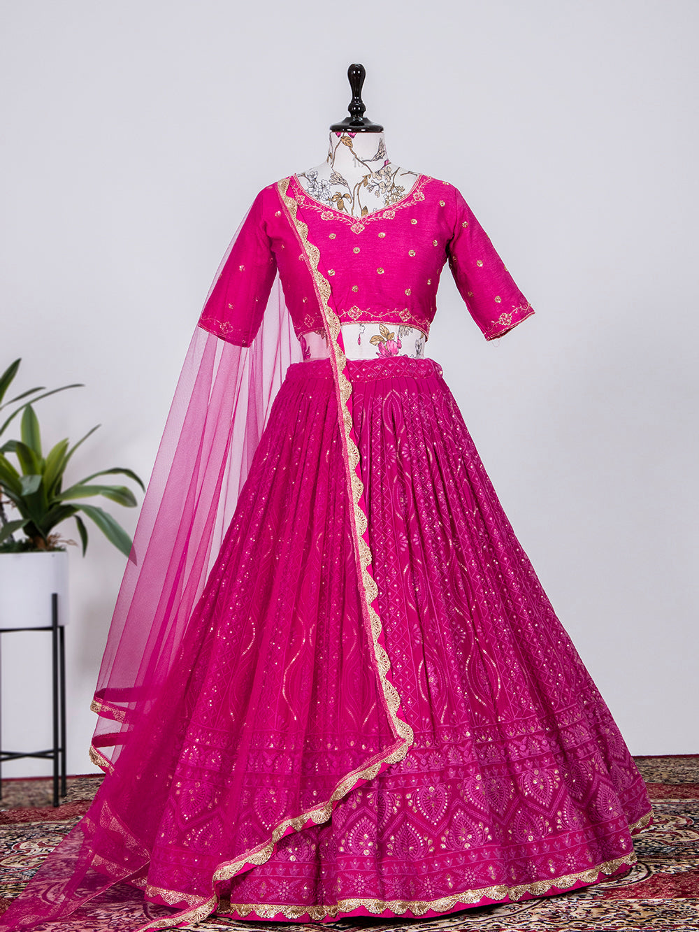 Rani Pink Color Sequins and Thread Embroidery Work Georgette Lehenga Choli Clothsvilla